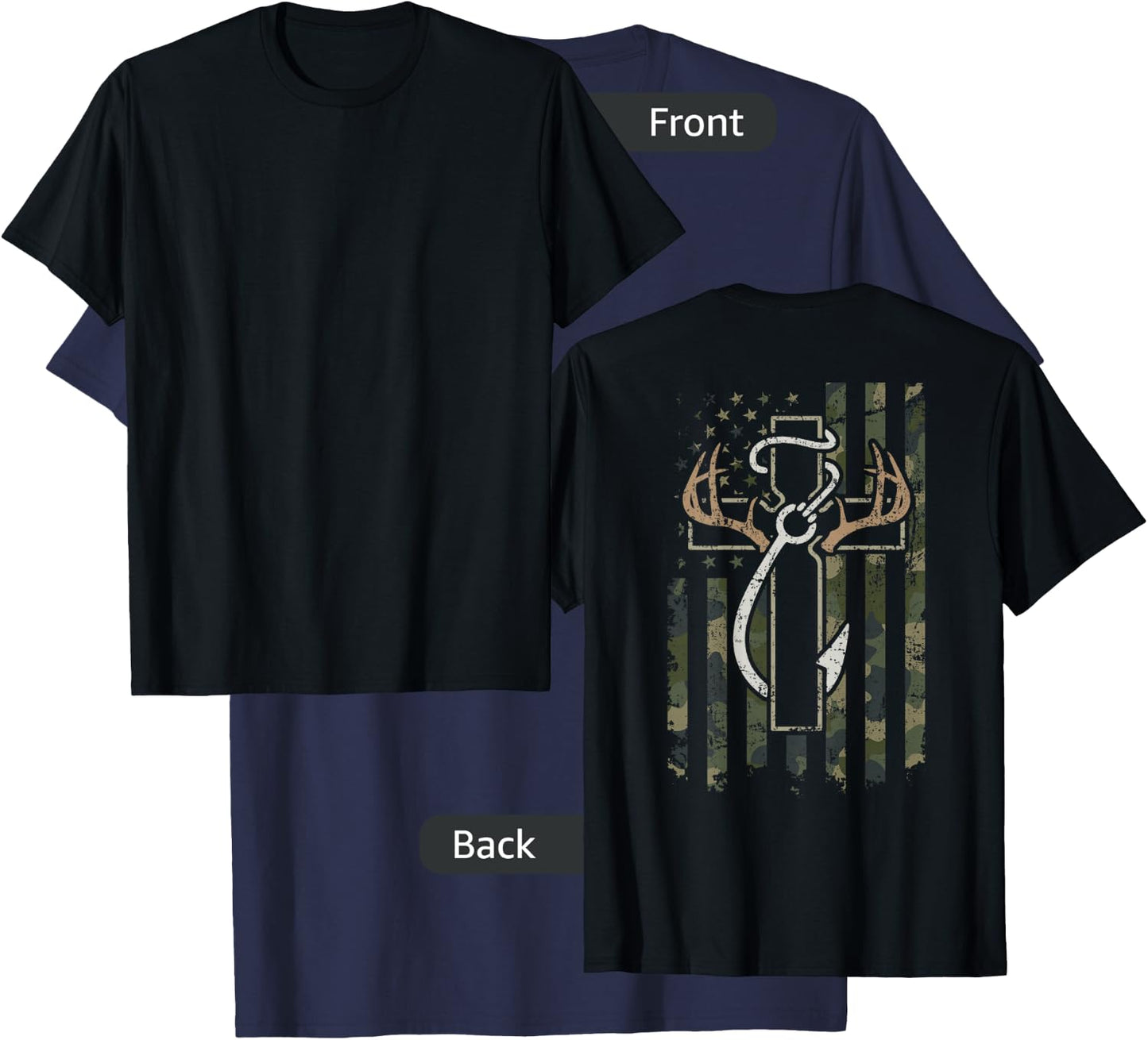 Hunting Fishing Faith - Hunter Fisherman Camo USA - ON Back T-Shirt - T-Shirt | Navy
