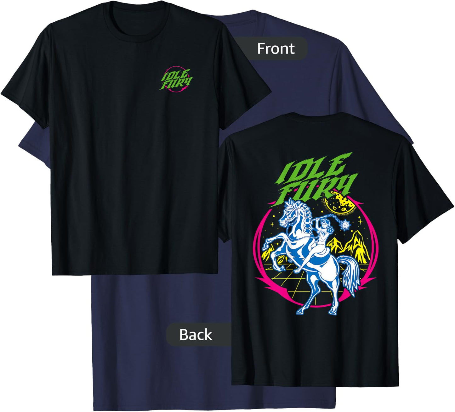 VIEW BACK PRINT Idle Fury Cyber Warrior Woman Battle Horse T-Shirt - T-Shirt | Navy