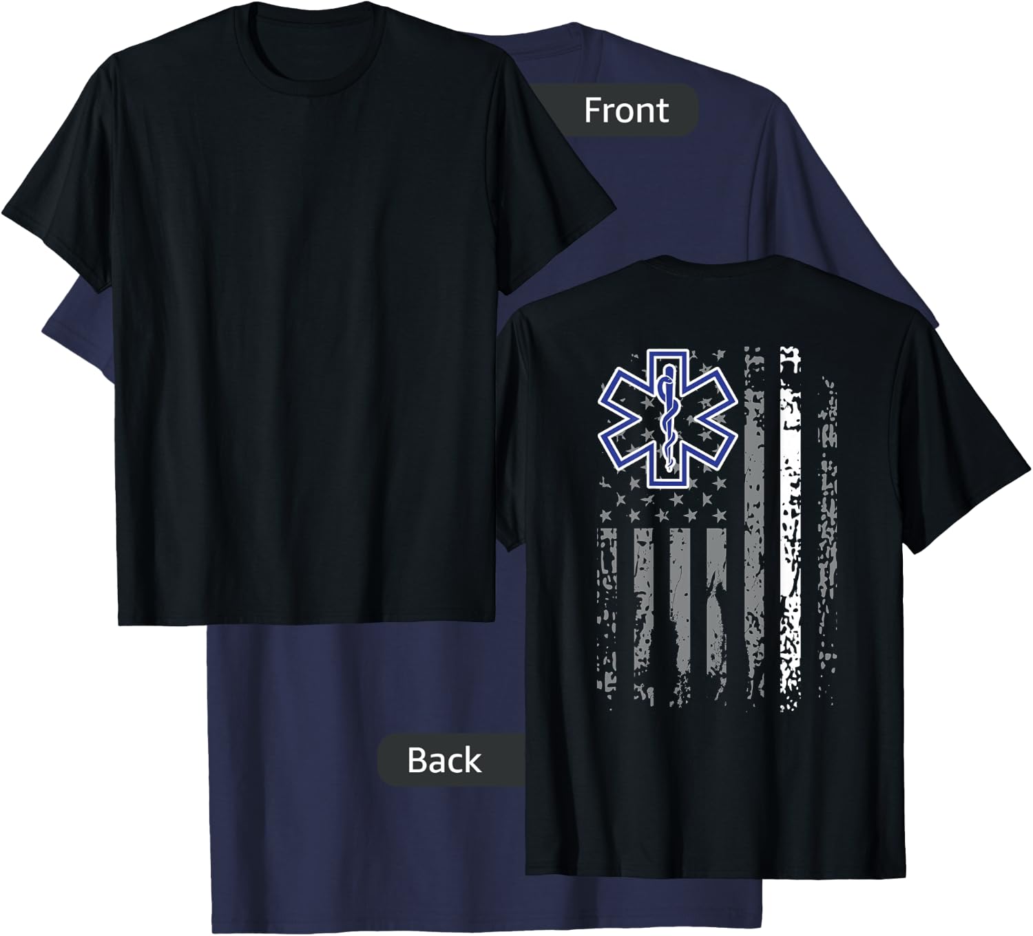 Thin White Line EMS EMT Paramedic American Flag Back Print T-Shirt - T-Shirt | Navy