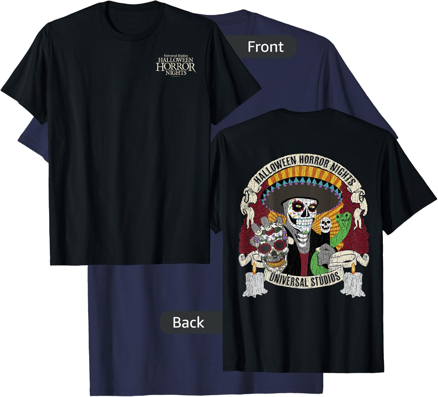 Halloween Horror Nights HHN Dia De Los Muertos Front & Back T-Shirt - T-Shirt | Navy