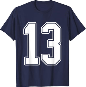 #13 White Outline Number 13 Sports Fan Jersey Style T-Shirt - T-Shirt | Navy