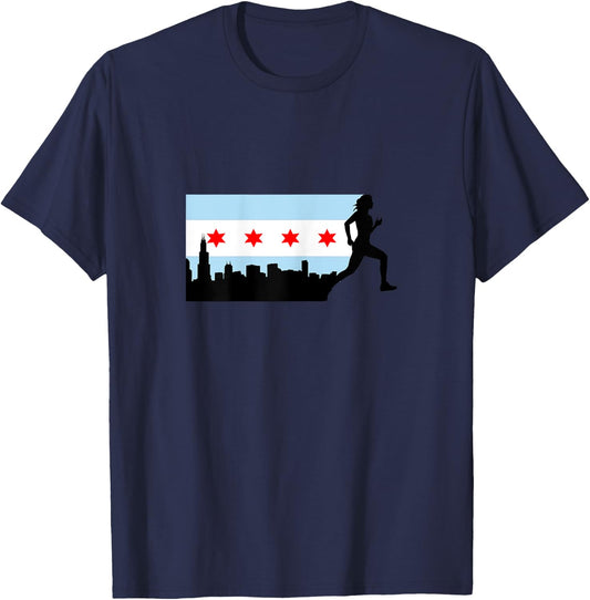 Chicago Flag Silhouette Marathon Runner Running 26.2 T-Shirt - T-Shirt | Navy