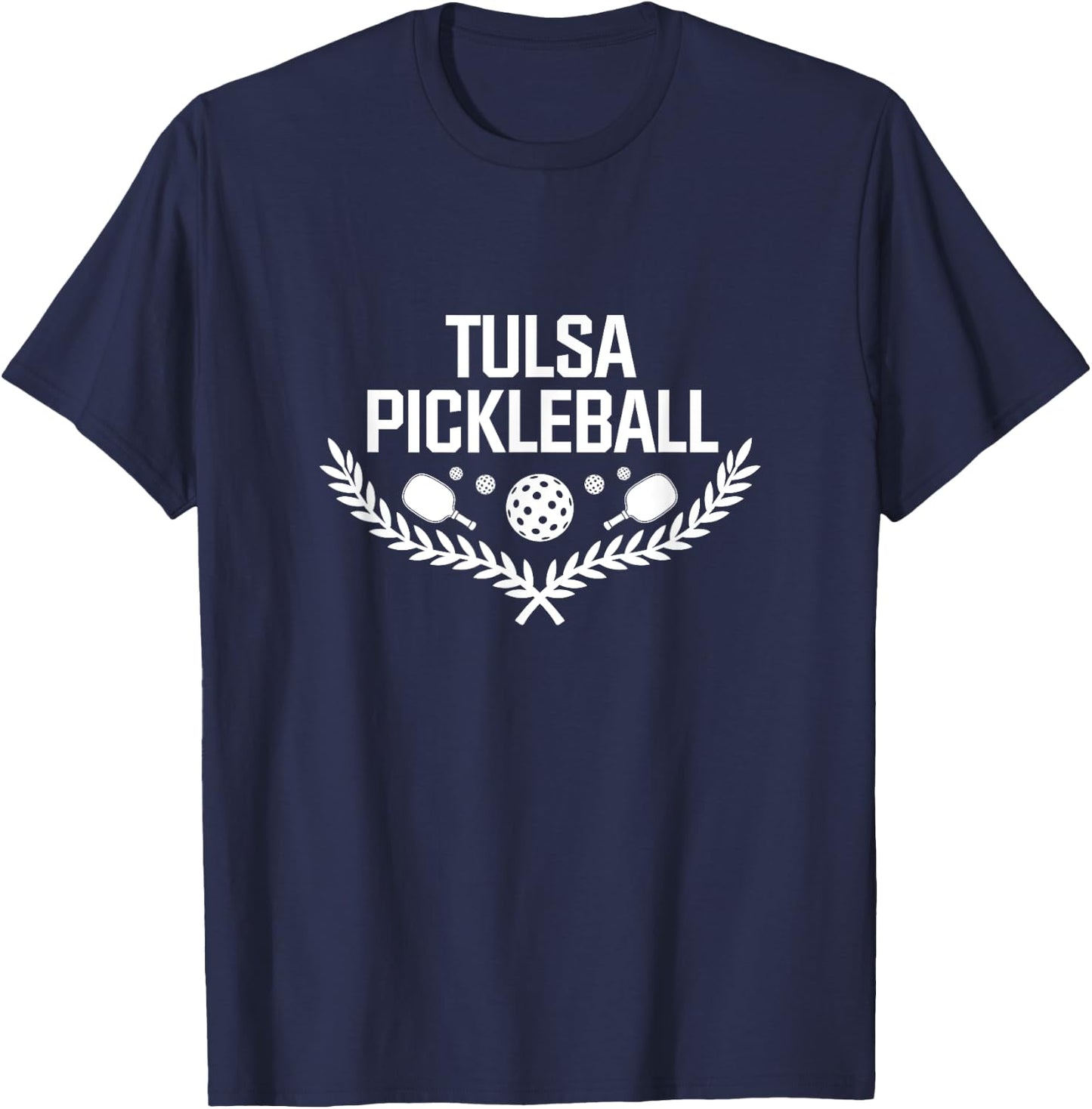 Tulsa Oklahoma Pickleball - Paddle & Ball Laurel Design T-Shirt - T-Shirt | Navy