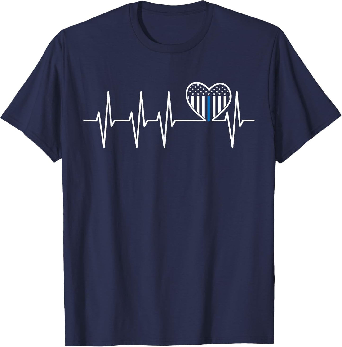 Thin Blue Line Heartbeat Heart Flag Pro Police Officer Pride T-Shirt - T-Shirt | Navy