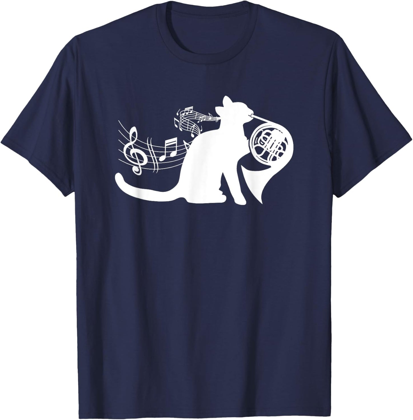 Cool Cat Playing French Horn Musician Orchestra Music T-Shirt - T-Shirt | Navy