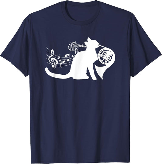Cool Cat Playing French Horn Musician Orchestra Music T-Shirt - T-Shirt | Navy