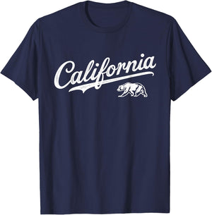California - CA, Retro Vintage Script Bear Design T-Shirt - T-Shirt | Navy