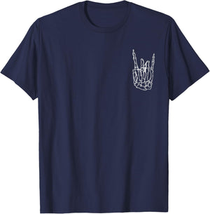Rock Hand Shirt Skeleton Rocking It Heavy Metal Horns T-Shirt - T-Shirt | Navy