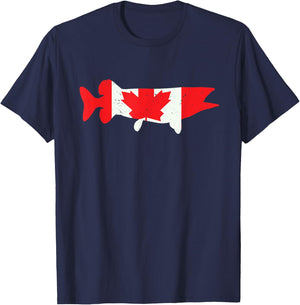 Canada Flag Musky Fishing | Vintage Muskie Fish Cool Gifts T-Shirt - T-Shirt | Navy