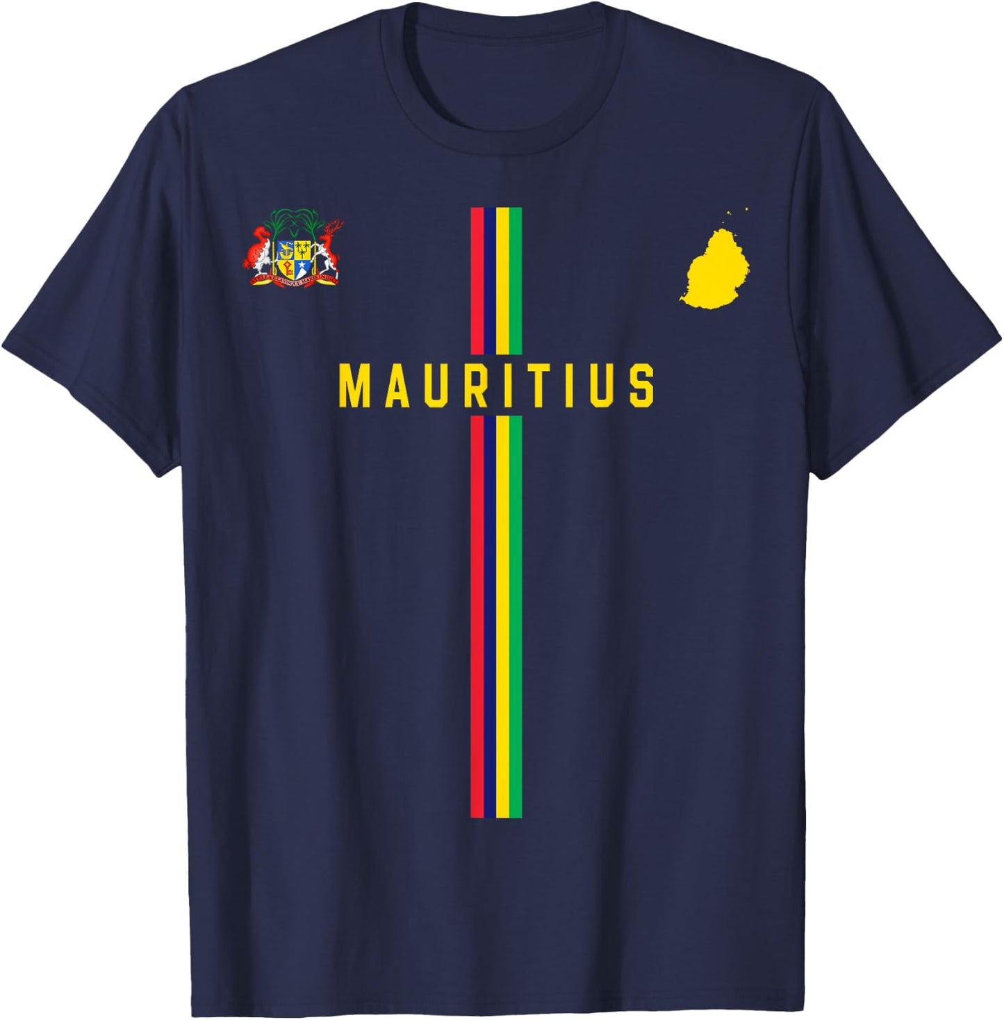 Flag of Mauritius, Silhouette Map of Mauritius, Coat of Arms , Black, S T-Shirt - T-Shirt | Navy