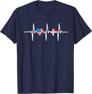 Half Dominican American Dominicana Republic Flag Heartbeat T-Shirt - T-Shirt | Navy