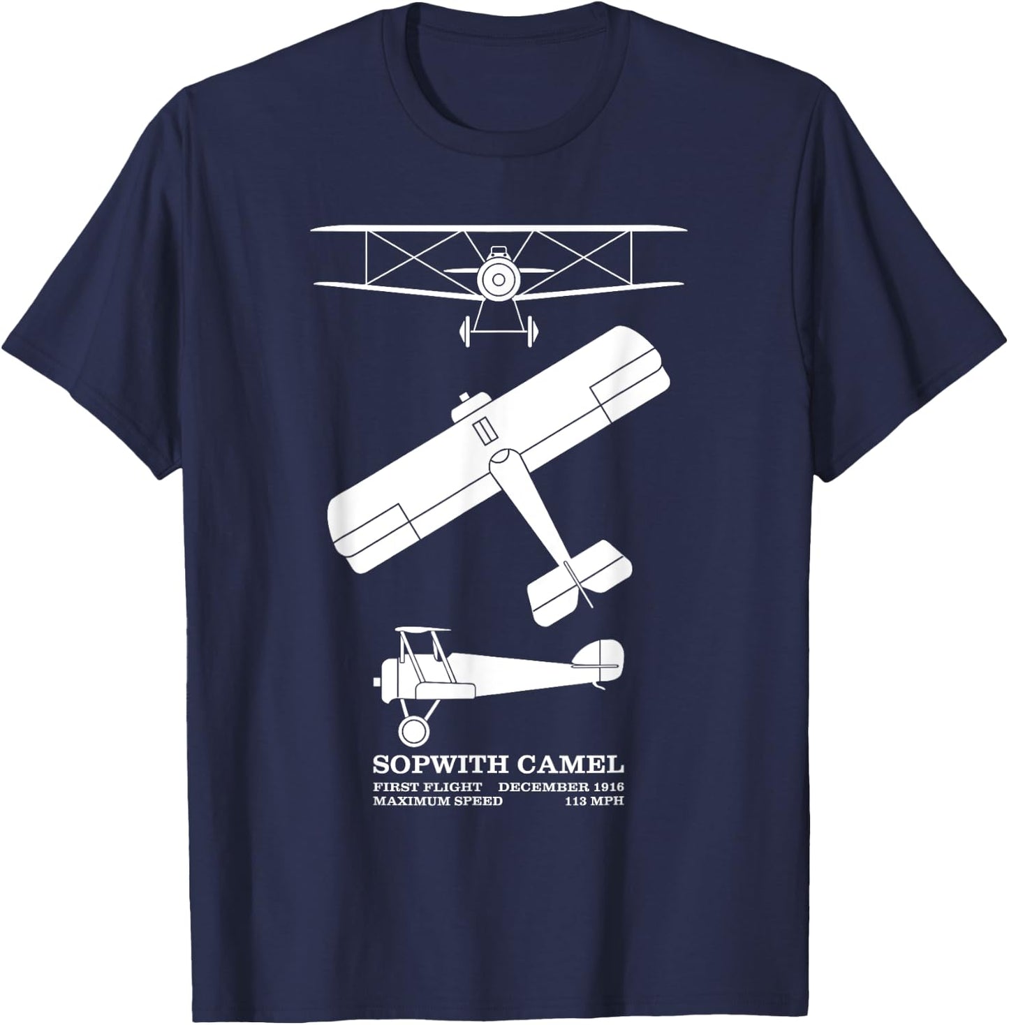 Sopwith Camel British WW1 Biplane Silhouette Diagrams T-Shirt - T-Shirt | Navy