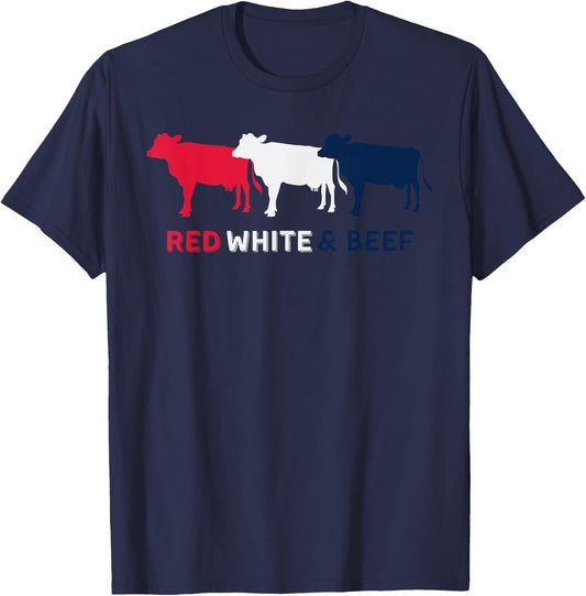 Red White and Beef 4th of July Cattle Cow American Flag BBQ T-Shirt - T-Shirt | Navy