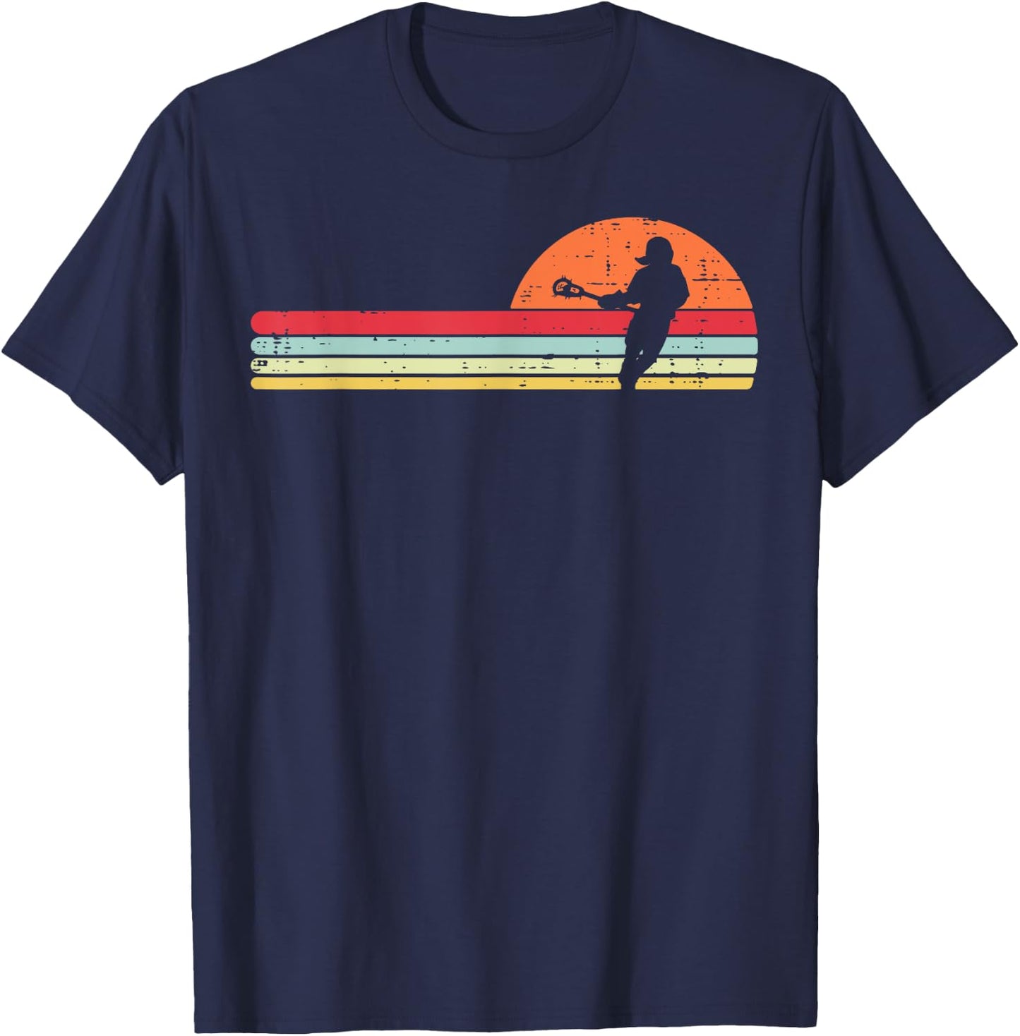 Lacrosse Player Silhouette Sunset Retro Lax Men Women Kids T-Shirt - T-Shirt | Navy