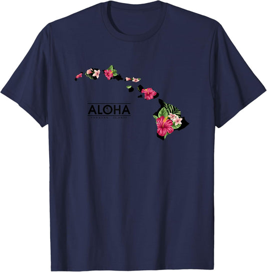 Floral Hawaiian Island Chain Aloha T-Shirt - T-Shirt | Navy