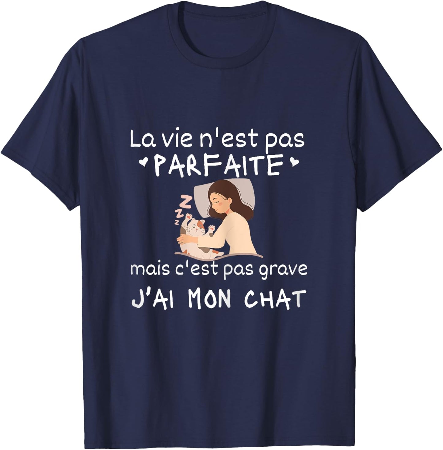 La Vie Nest Pas Parfait Women's Funny Cat , Black, Female X-Small T-Shirt - T-Shirt | Navy