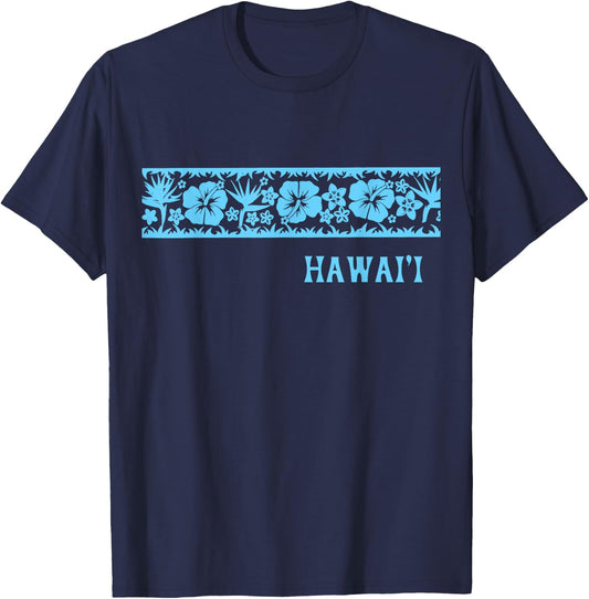 Surfer Style Tropical Hibiscus Bird of Paradise HAWAII BLUE T-Shirt - T-Shirt | Navy