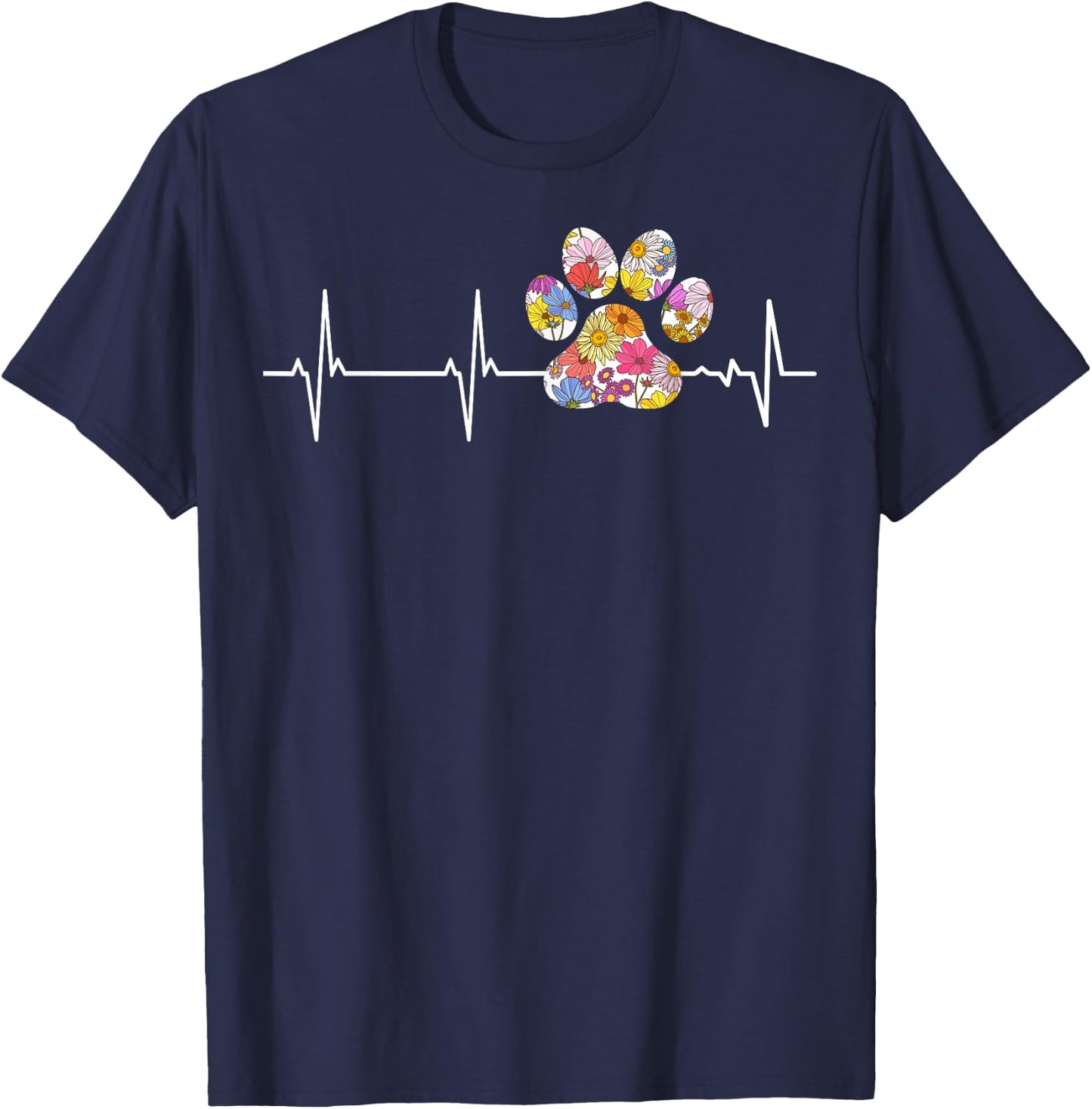 Cute vet flower paw print heartbeat ECG Vet Tech T-Shirt - T-Shirt | Navy