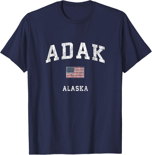 Adak Alaska AK Vintage American Flag Sports Design T-Shirt - T-Shirt | Navy