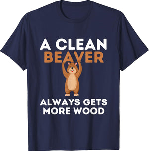 Dirty Funny Adult Clean Beaver Wood T-Shirt - T-Shirt | Navy