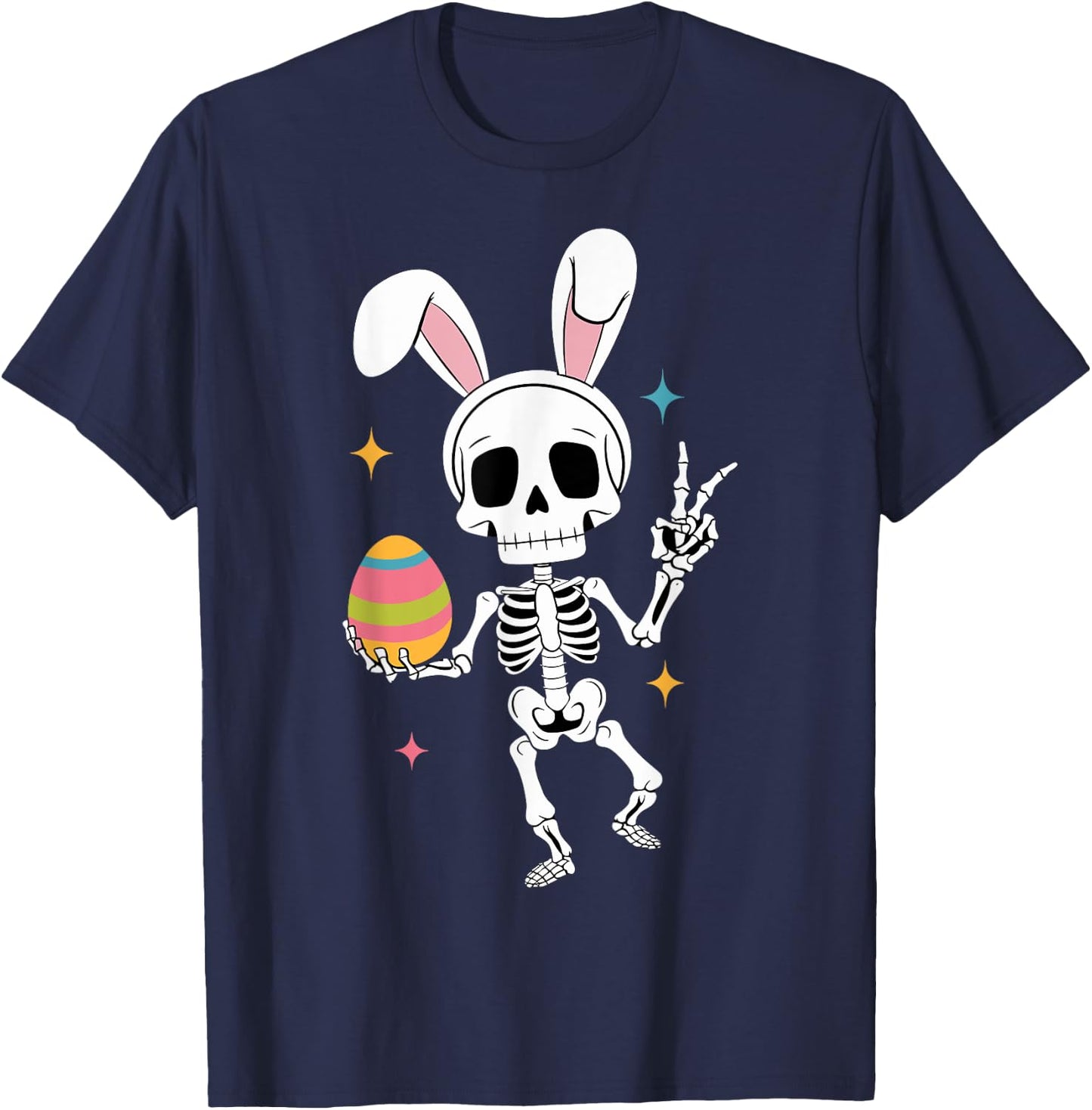Funny Easter Skeleton Bunny Ears Holding Egg Peace Sign T-Shirt - T-Shirt | Navy