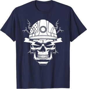 Electric lineman skull electrician skull American flag funny T-Shirt - T-Shirt | Navy