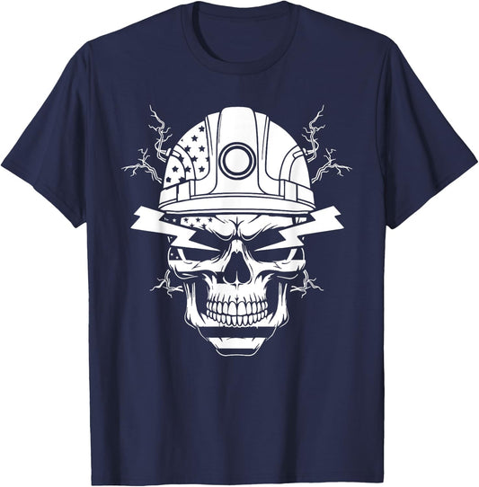 Electric lineman skull electrician skull American flag funny T-Shirt - T-Shirt | Navy