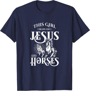 This Girl Runs On Jesus And Horses - Horse Lover Gift T-Shirt - T-Shirt | Navy