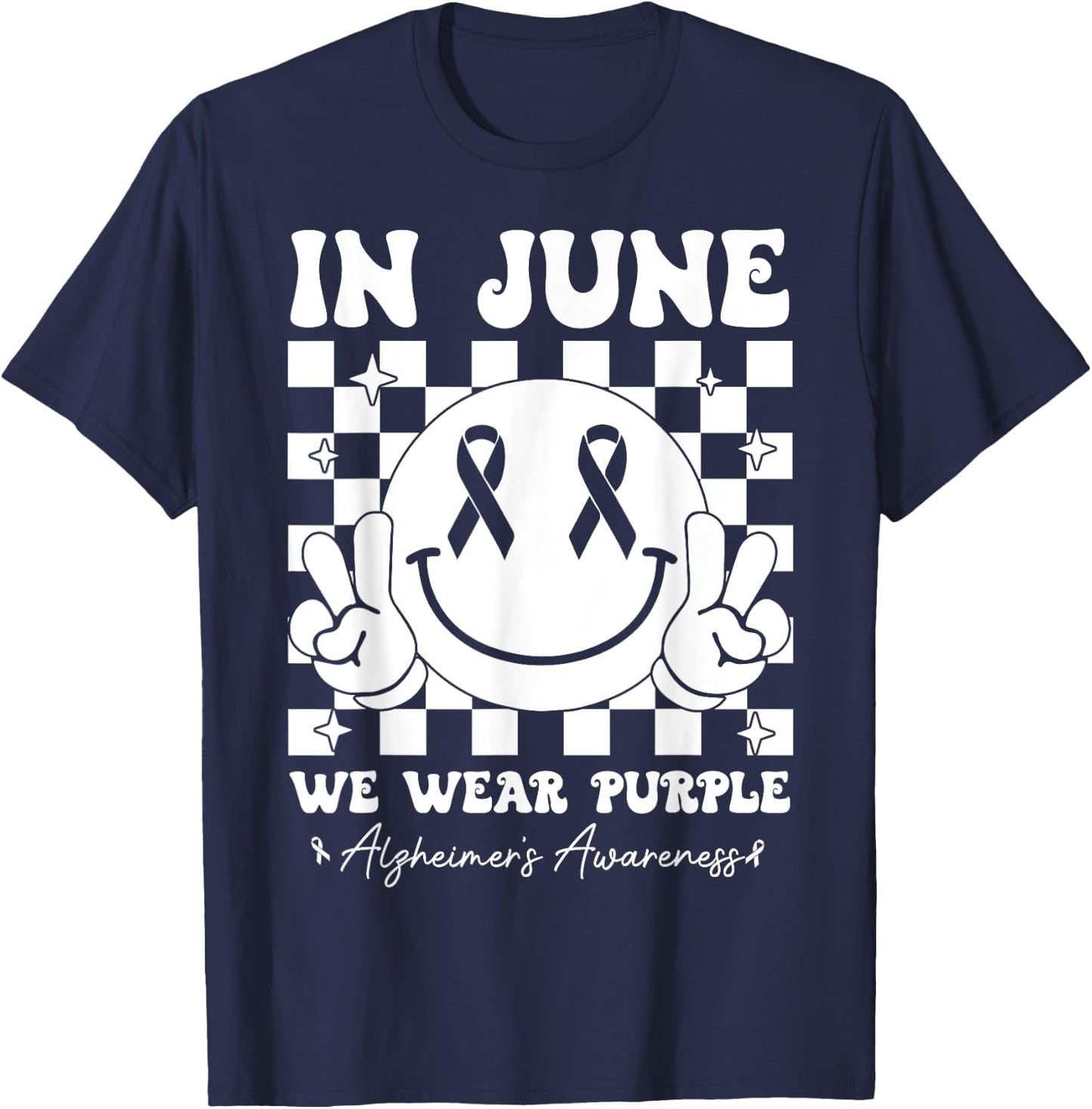 In June We Wear Purple Alzheimer's Awareness Groovy Smile T-Shirt - T-Shirt | Navy