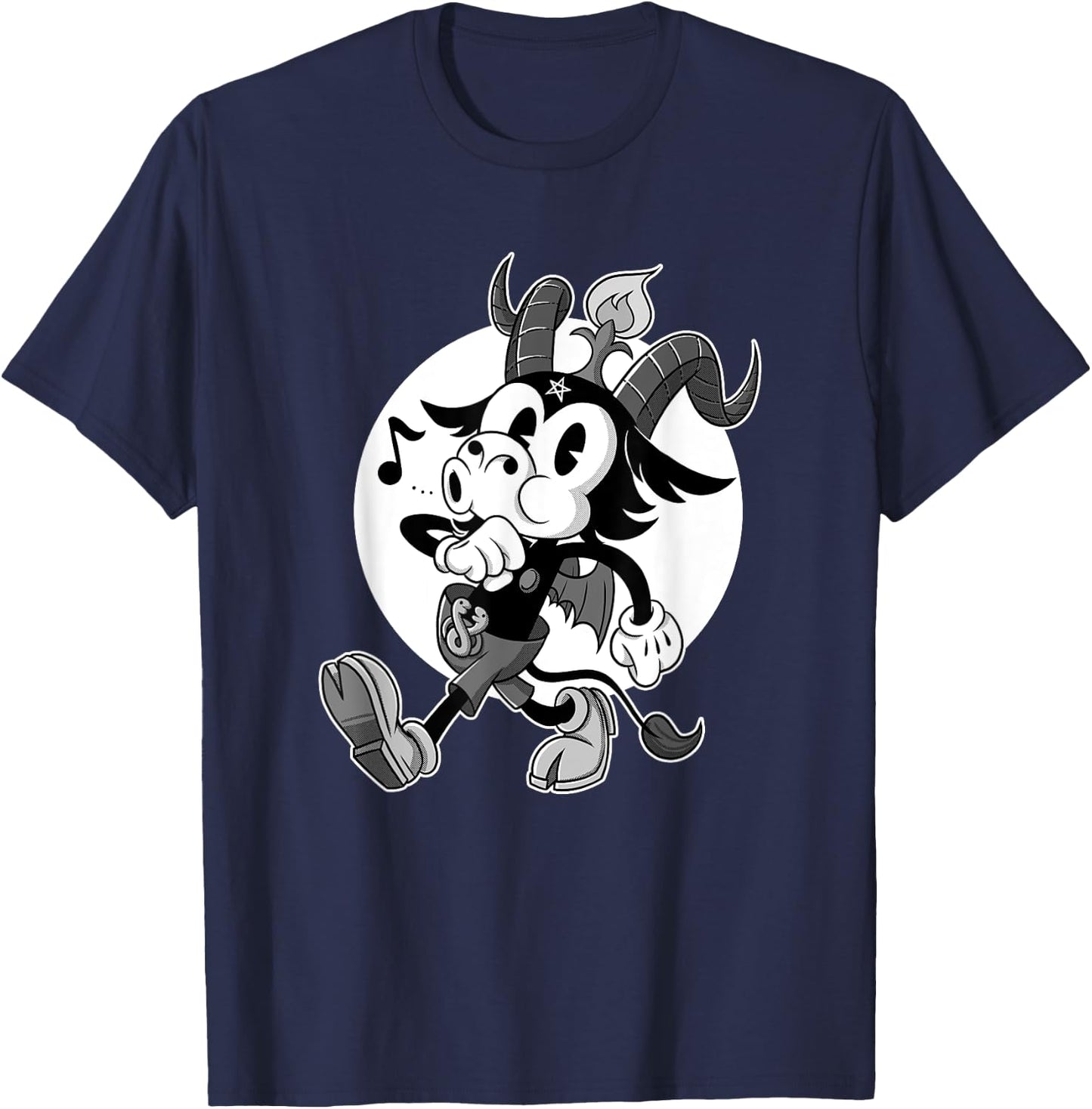 Atheist Satan Baphomet goat Retro Cartoon Black and White T-Shirt - T-Shirt | Navy
