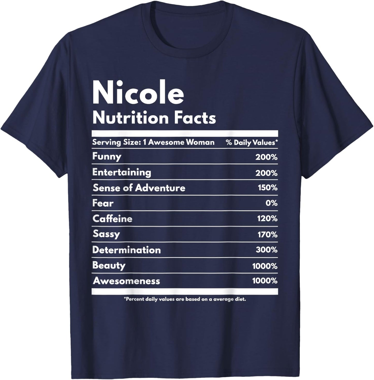 Nicole Nutrition Facts Gift Funny Personalized Name Nicole T-Shirt - T-Shirt | Navy