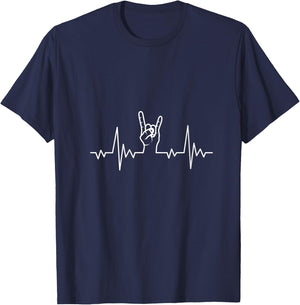 Heavy Metal Heartbeat Rock & Roll Hand Horns Rock Band V-Neck T-Shirt - T-Shirt | Navy