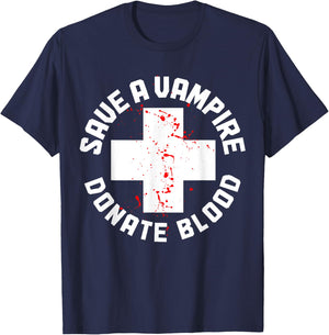 Save A Vampire Donate Blood Funny Nurse Halloween Costume T-Shirt - T-Shirt | Navy