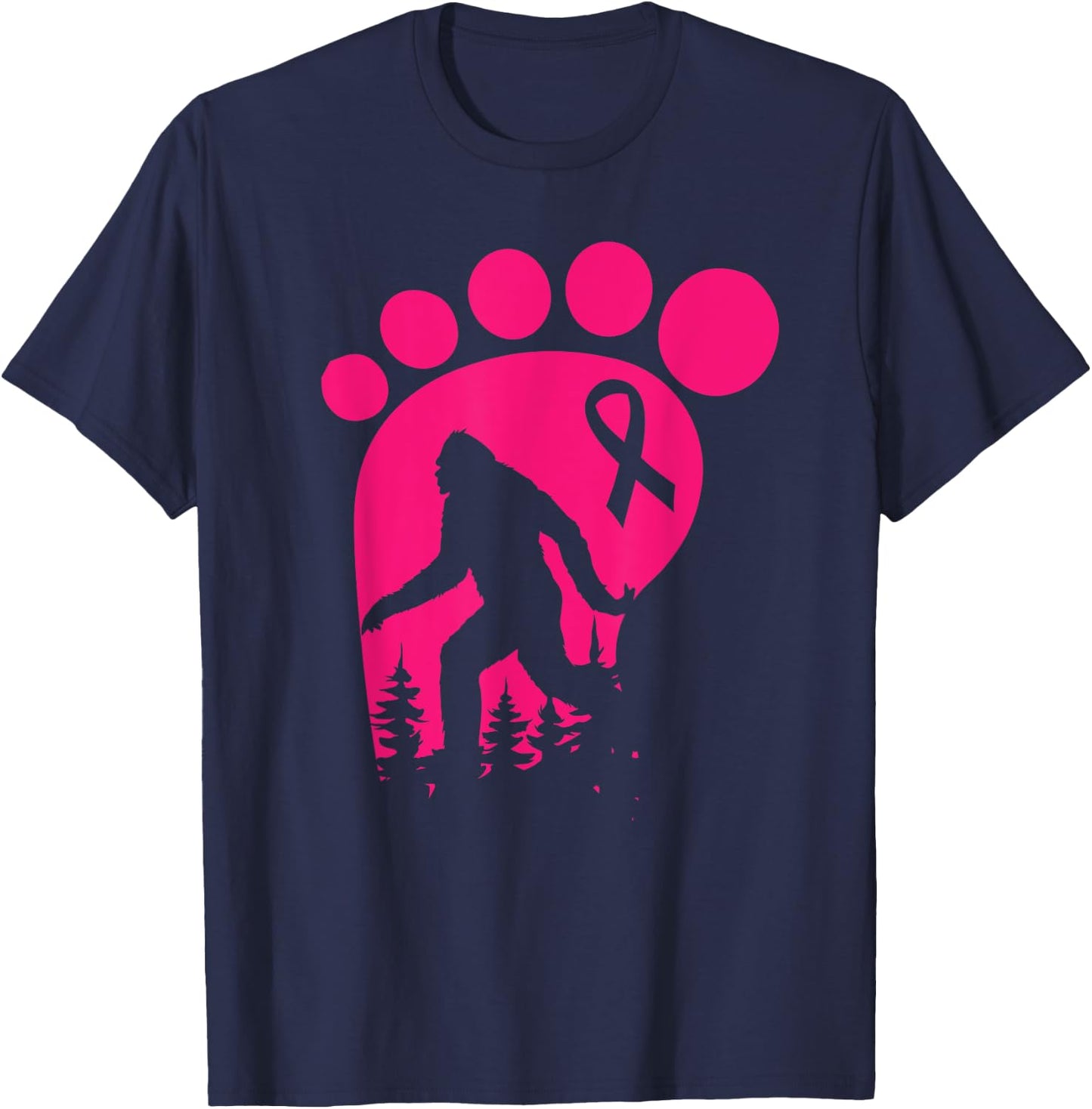 Bigfoot Pink Ribbon Breast Cancer Awareness Cool Sasquatch T-Shirt - T-Shirt | Navy