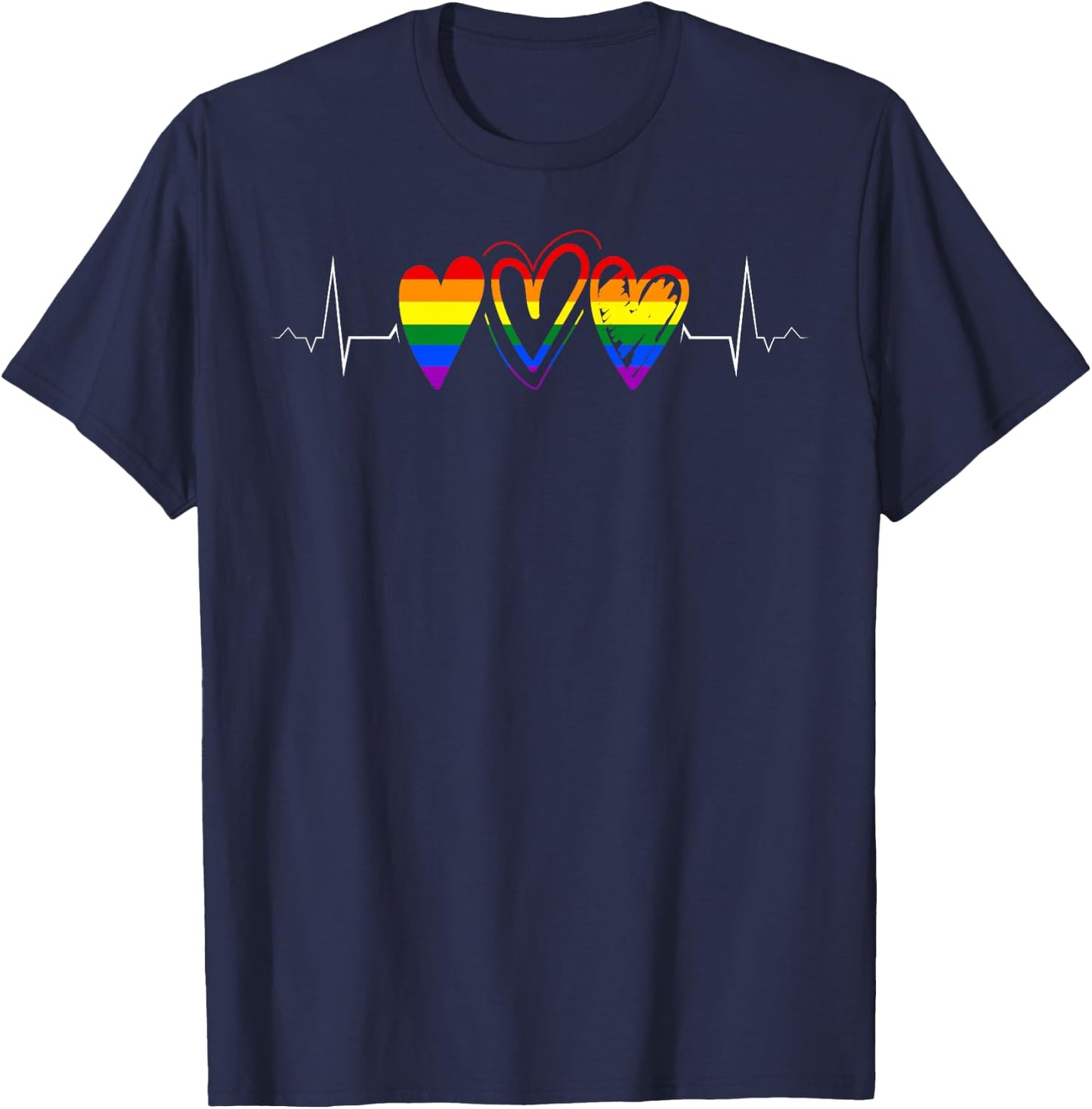 Triple Rainbow Hearts Heartbeat LGBTQ+ Pride T-Shirt - T-Shirt | Navy