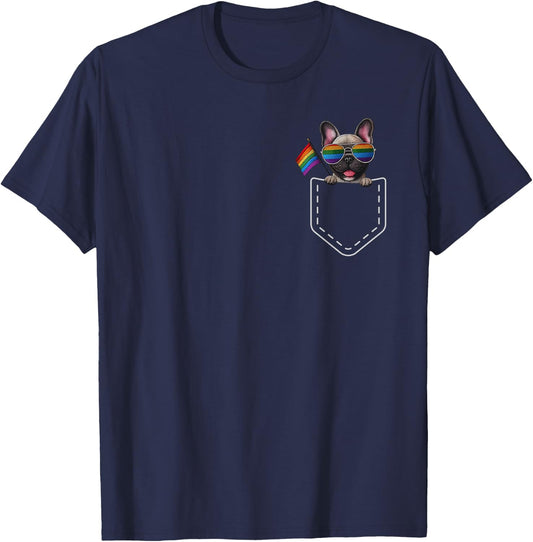 Pocket Frenchie Pride Month Rainbow Flag LGBTQ+ Men Women T-Shirt - T-Shirt | Navy