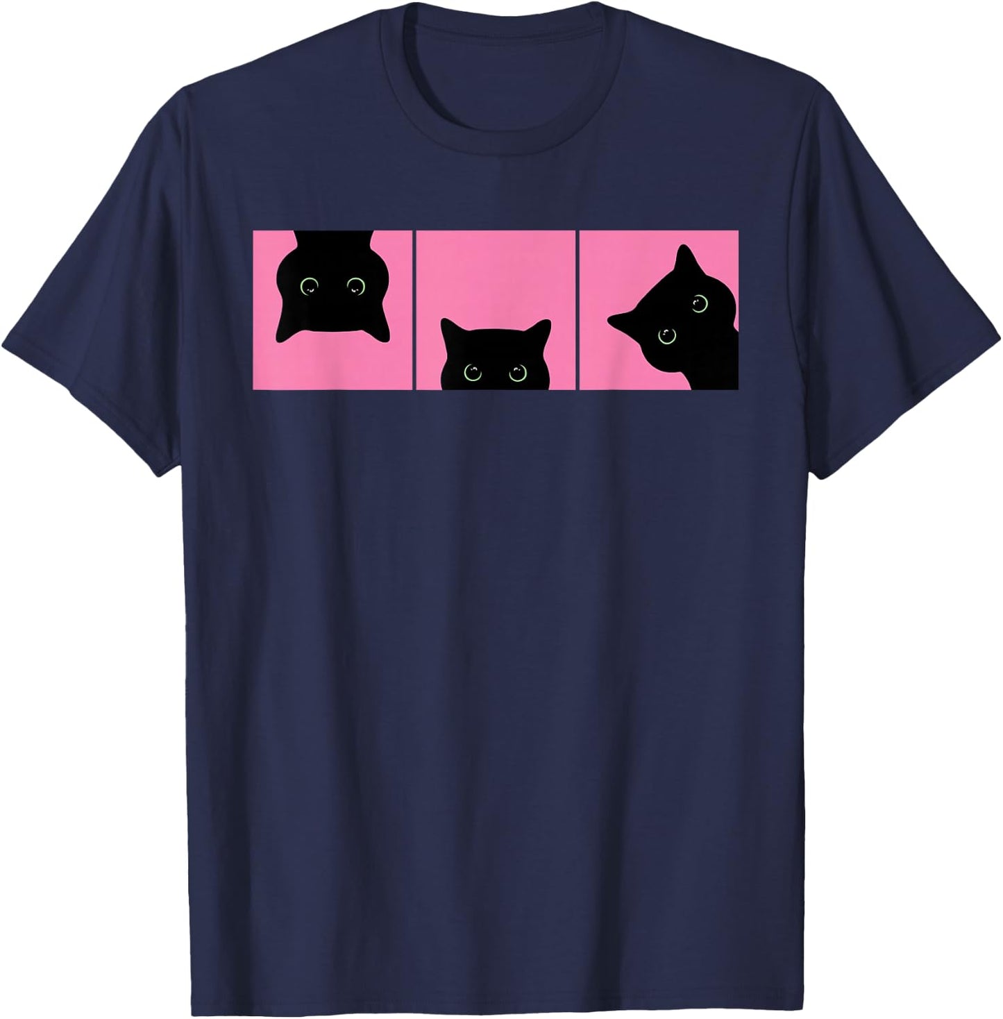 Pink Pop Art Black Cats Peeking Cute Funny Cat Lover T-Shirt - T-Shirt | Navy