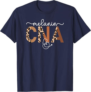 Melanin CNA Leopard Black Certified Nursing Assistant T-Shirt - T-Shirt | Navy