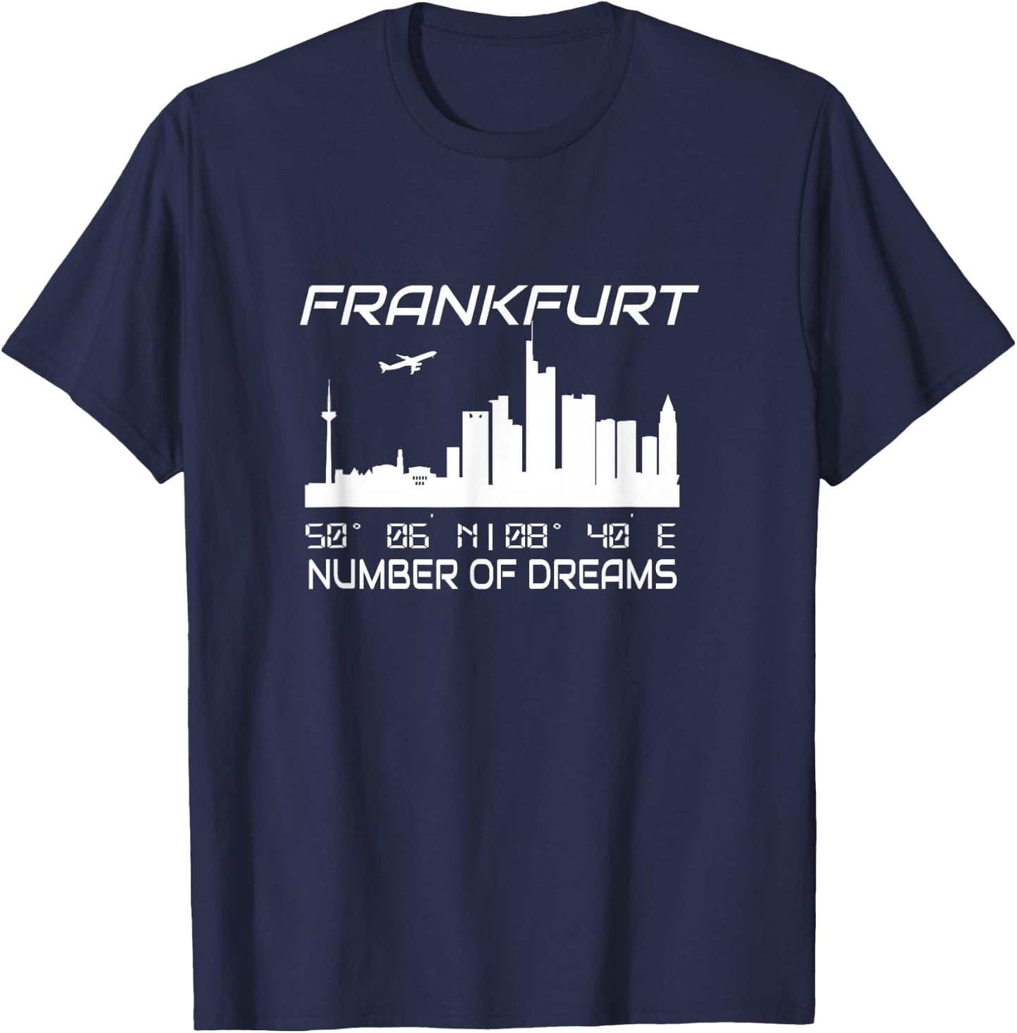 GPS Coodinates and Skyline of your City of Dreams Frankfurt Main Skyline GPS Koordinaten Banken Wolkenkratzer Schwarz S EU 41.5 Klein Regular Casual Graphic T-Shirt - T-Shirt | Navy