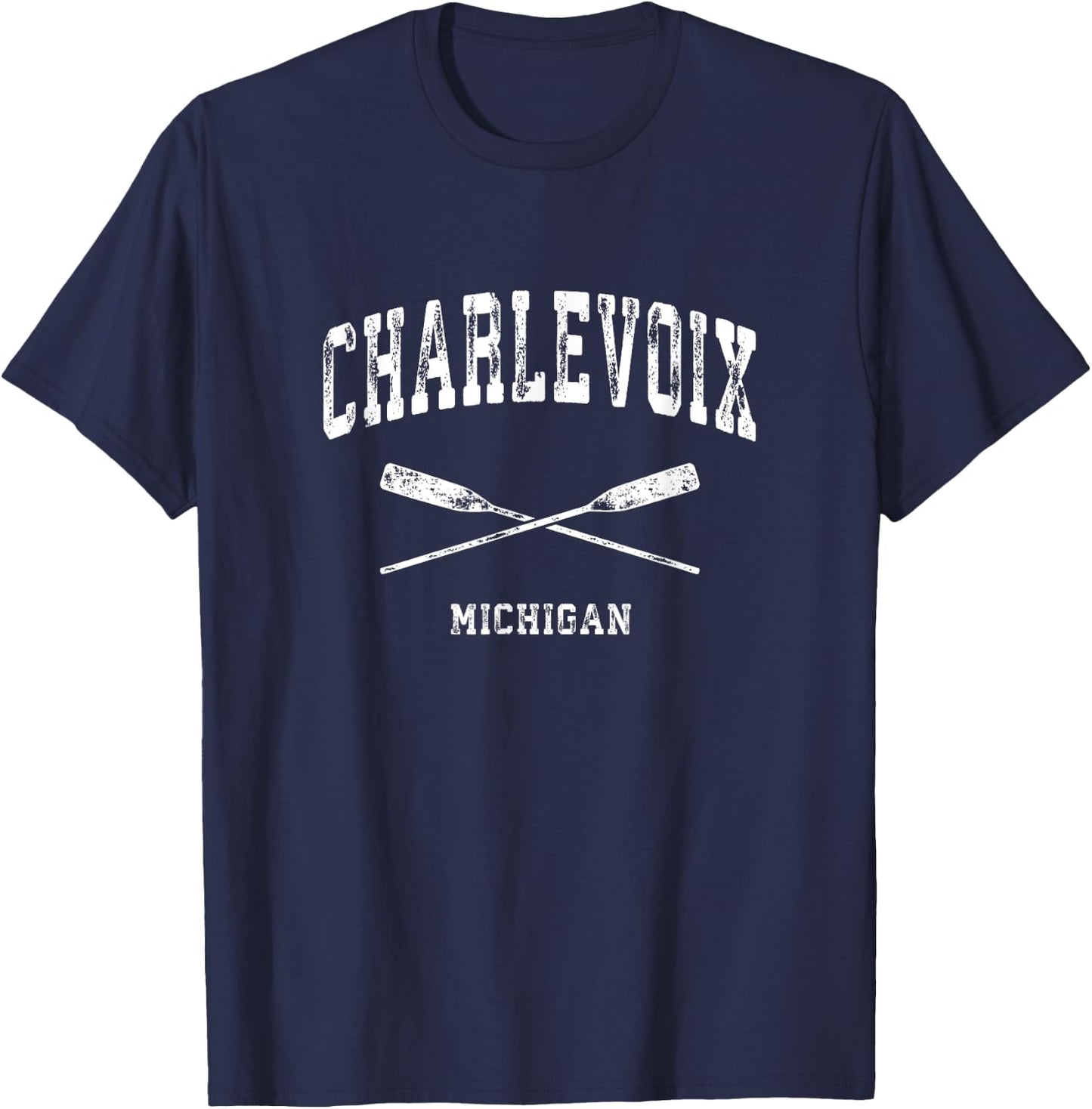 Charlevoix Michigan Vintage Nautical Crossed Oars T-Shirt - T-Shirt | Navy