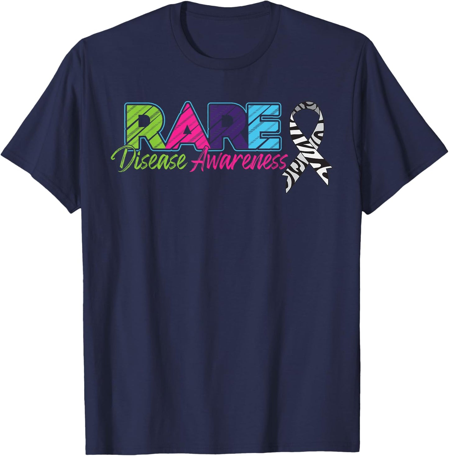 Rare Disease Awareness Zebra Ribbon T-Shirt - T-Shirt | Navy