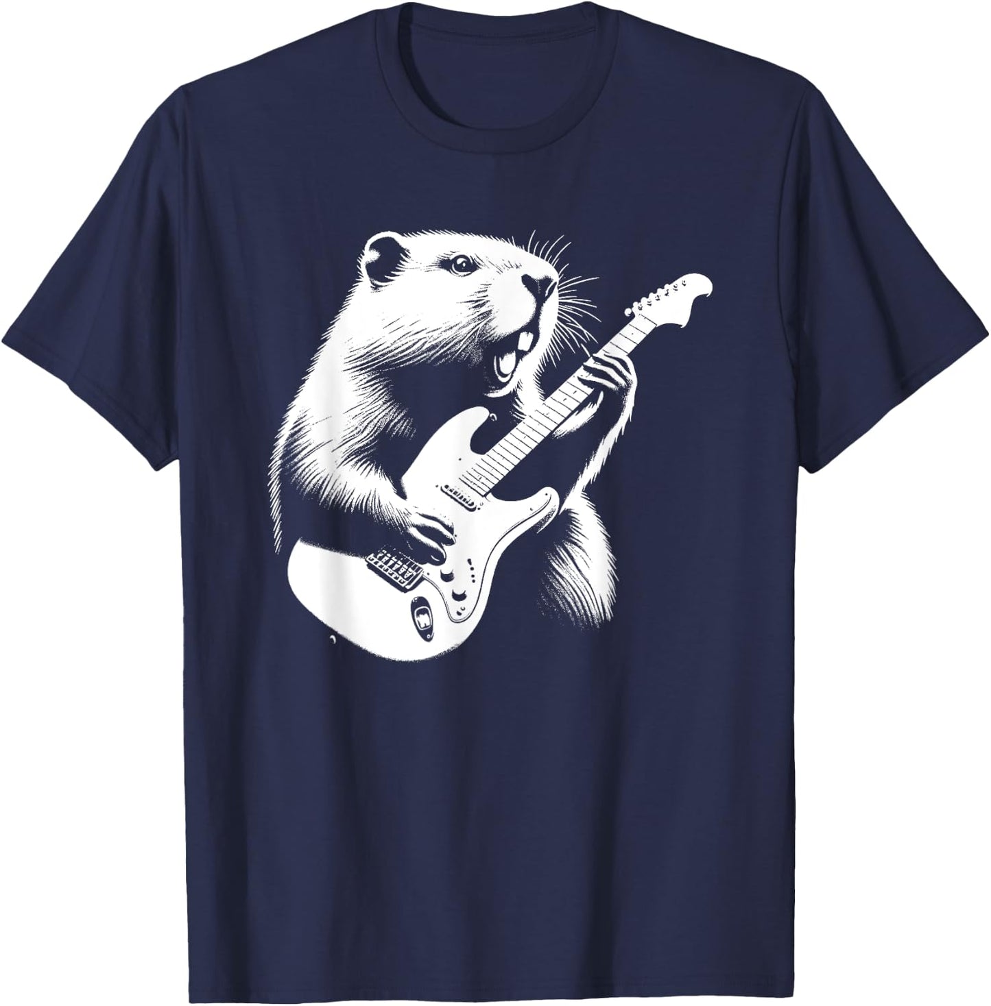 Beaver Playing Electric Guitar Rock Star Guitarist T-Shirt - T-Shirt | Navy