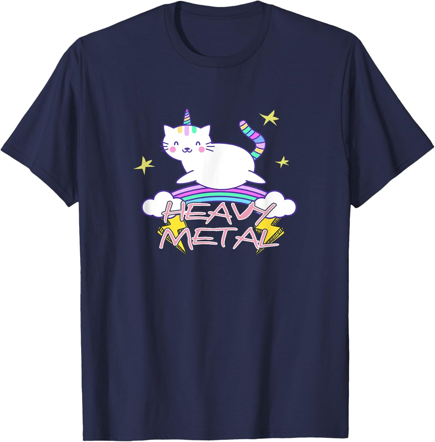Heavy Metal Kawaii Unicorn Cat and Rainbow T-Shirt - T-Shirt | Navy