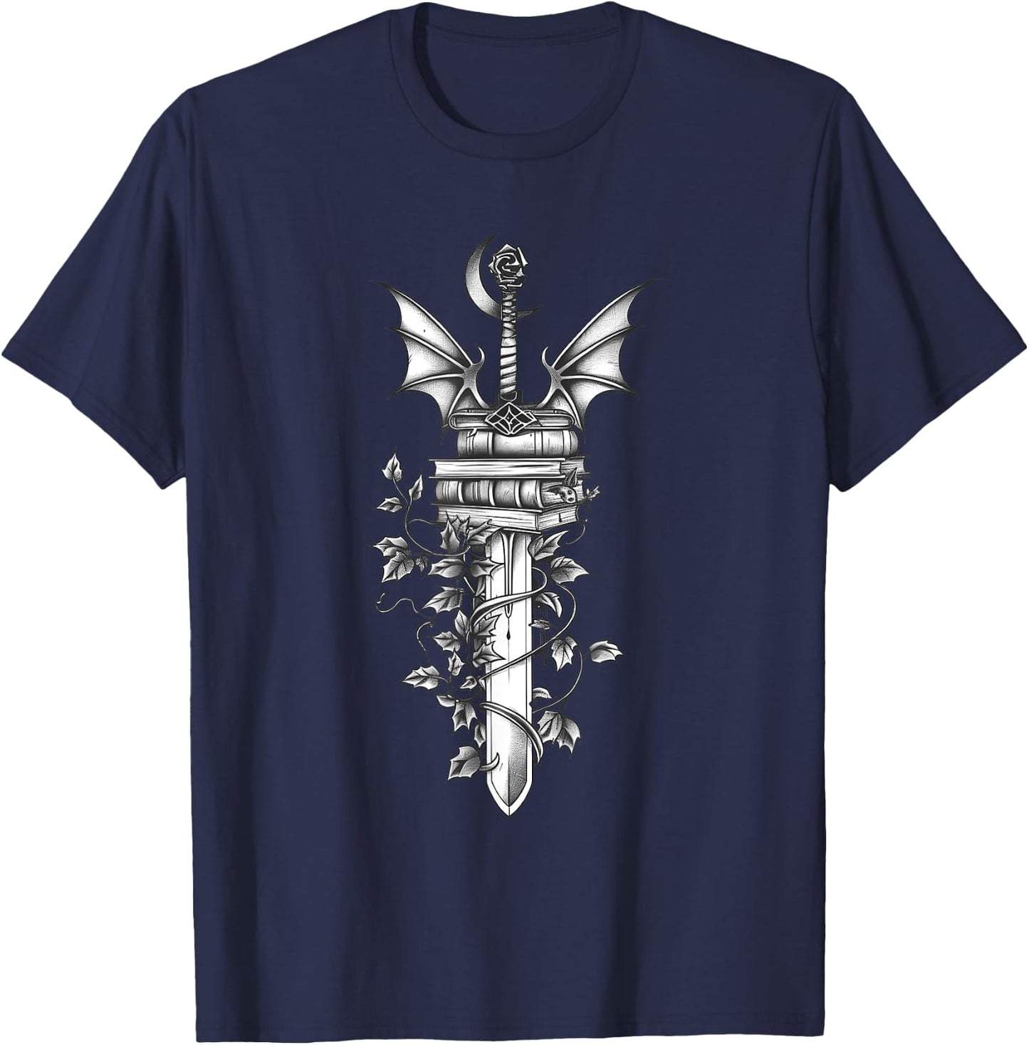 Romantasy Reader Book Lover Sword Dragon Books Fantasy Book T-Shirt - T-Shirt | Navy