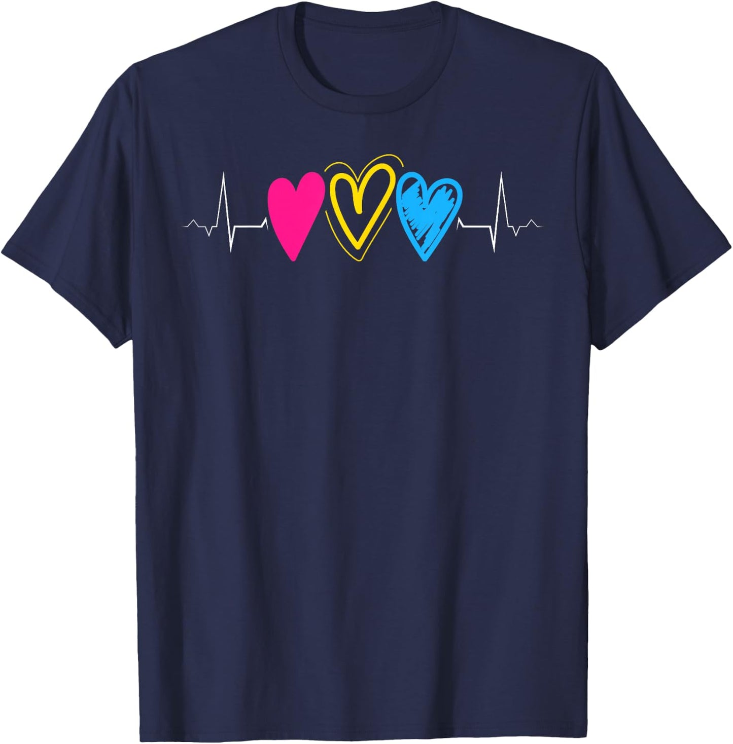 Pansexual Pride Hearts in Pulse Line LGBTQ Colors T-Shirt - T-Shirt | Navy