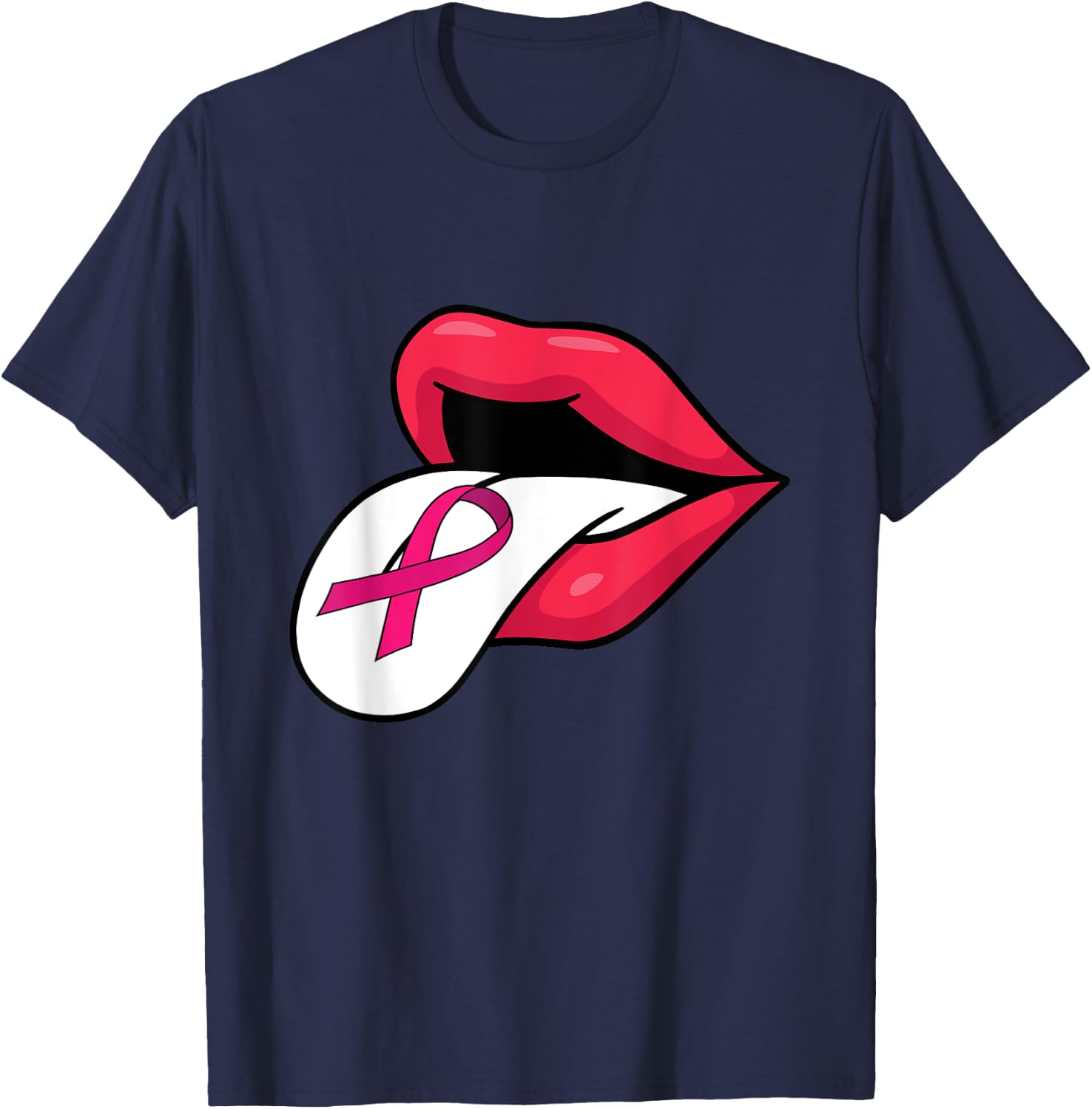Pink Ribbon Tongue Out Breast Cancer Awareness Funny Lips T-Shirt - T-Shirt | Navy