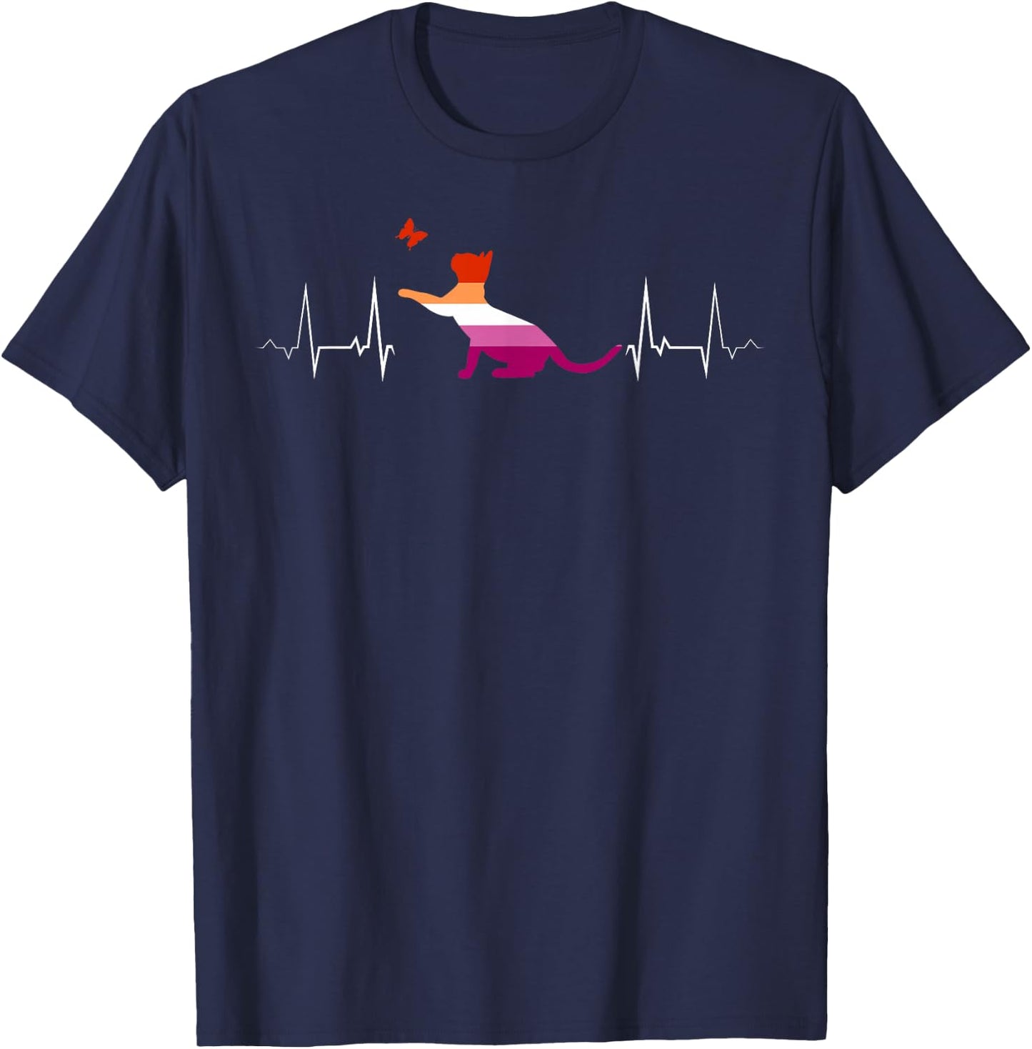 Lesbian Heartbeat Playful Cat Butterfly Pride T-Shirt - T-Shirt | Navy