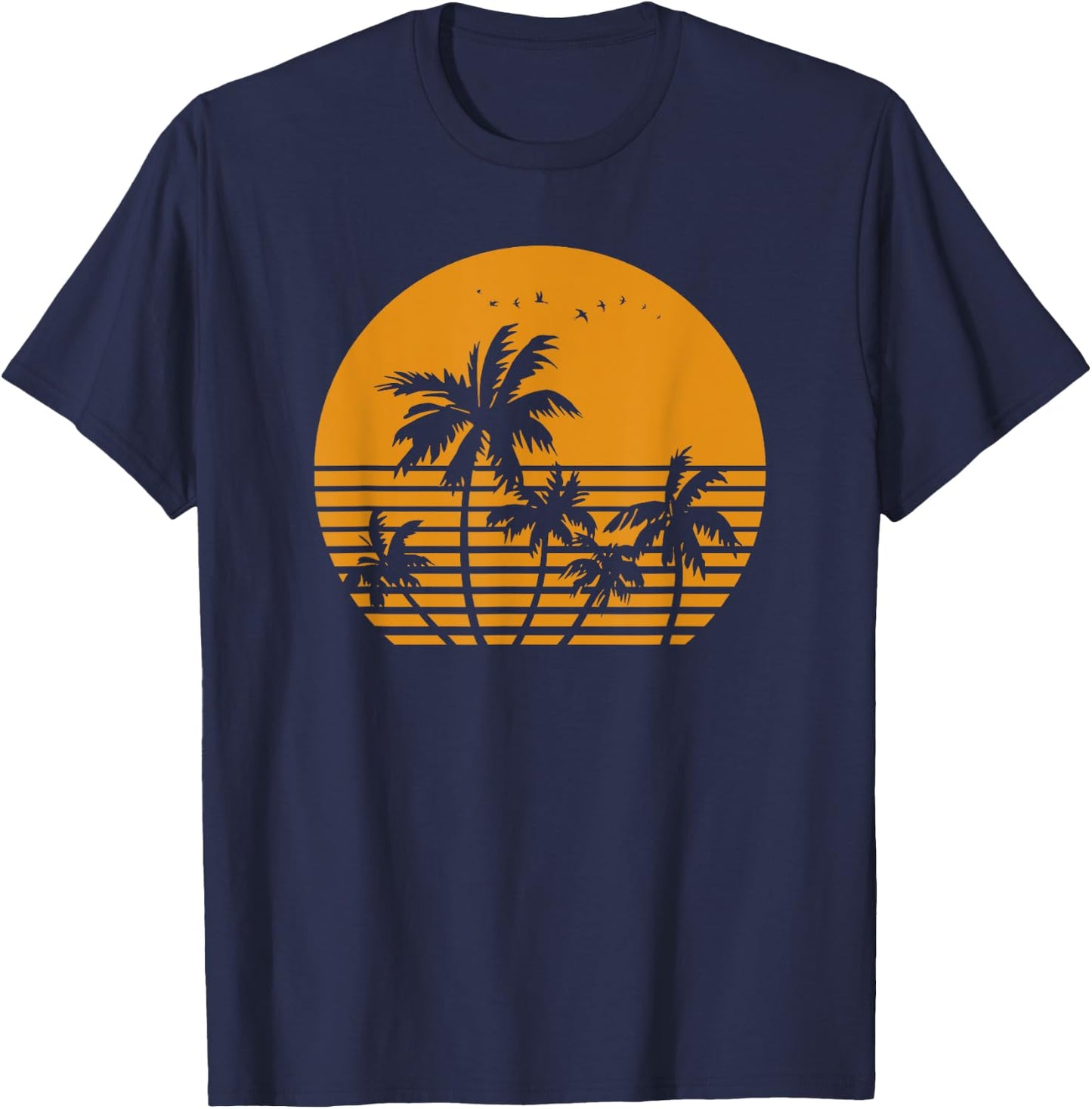Vintage Birds Sunset Beach Palm trees T-Shirt - T-Shirt | Navy