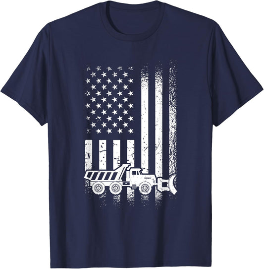 American Flag Snow Plow Driver, Snow Plowing Women Men T-Shirt - T-Shirt | Navy
