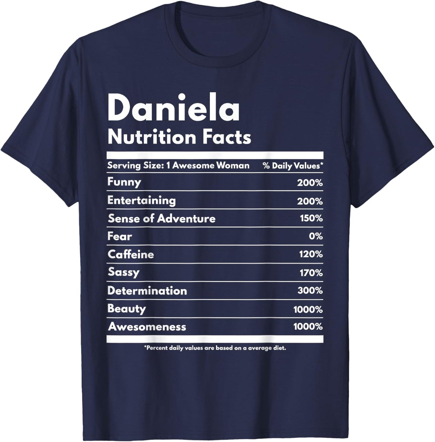 That's My Name Co. Daniela Daniela Nutrition Facts Funny Personalized Name Daniela Black Cotton Polyester Modern Letter Print Short Sleeve Classic Fit Pull On T-Shirt - T-Shirt | Navy